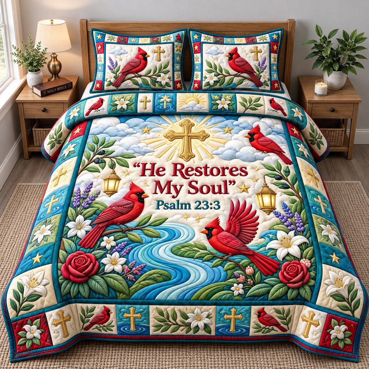 Cardinal Christian 3 Piece Quilted Bedding Set Gift For Bird Lovers
