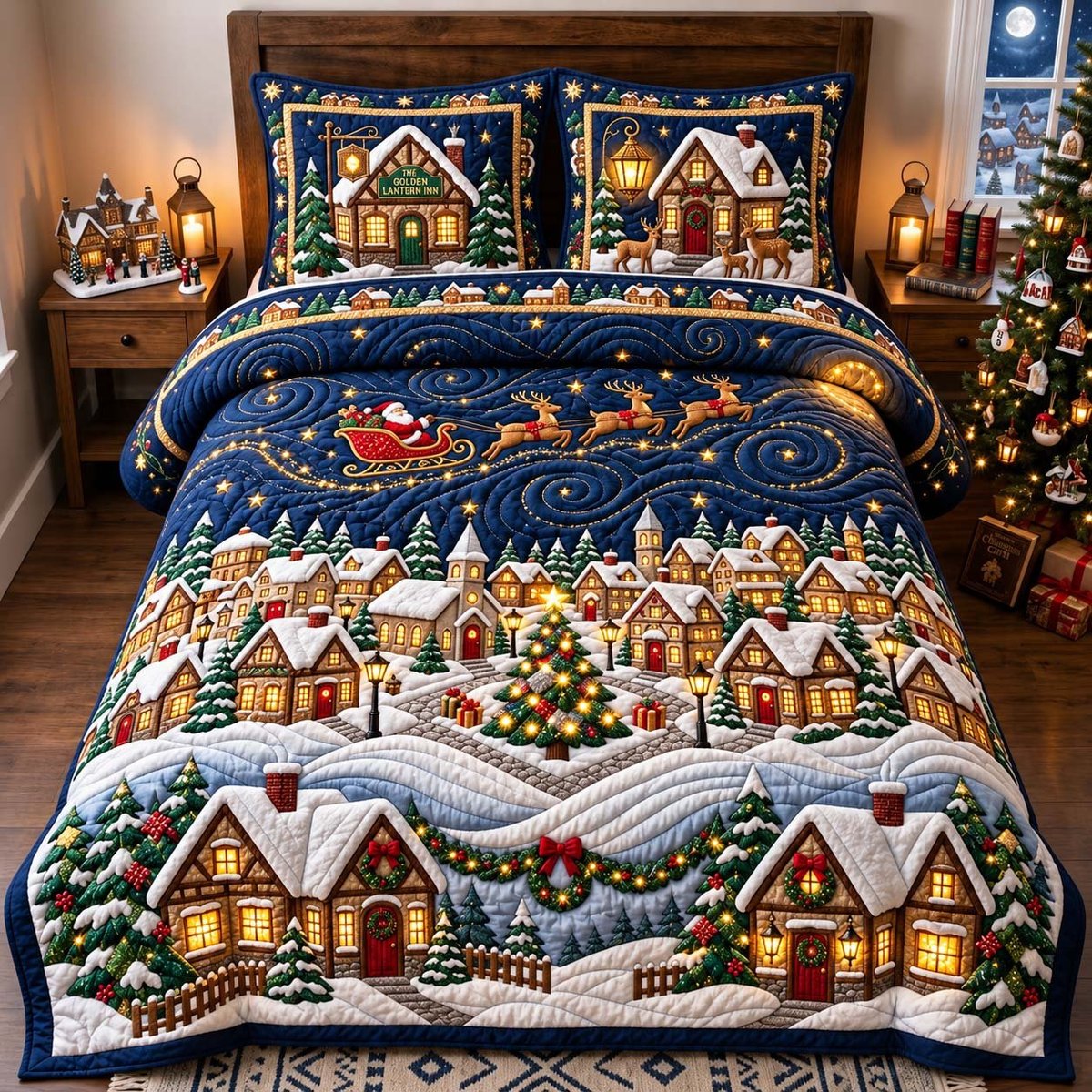 Village Lights 3 Piece Quilted Bedding Set Christmas Gift For Holiday Decor Lovers