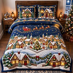 Village Lights 3 Piece Quilted Bedding Set Christmas Gift For Holiday Decor Lovers