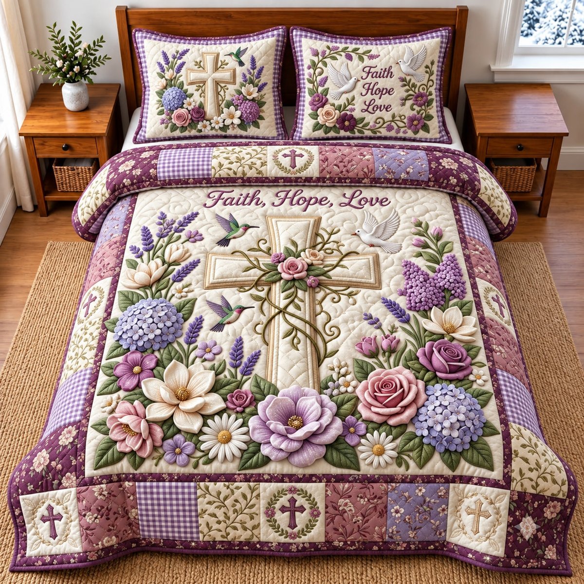 Faith Hope Love 3 Piece Quilted Bedding Set Gift For Christians