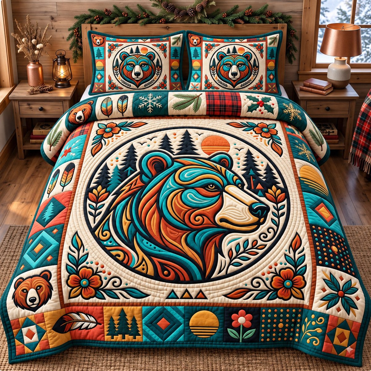 Native Bear 3 Piece Quilted Bedding Set Gift For Bear Lovers