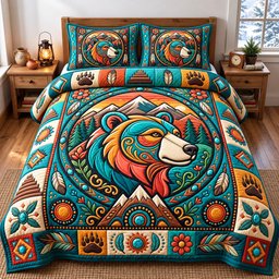 Native Bear 3 Piece Quilted Bedding Set Gift For Bear Lovers