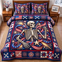 Patriotic Skull 3 Piece Quilted Bedding Set Gift For Gothic Decor Lovers