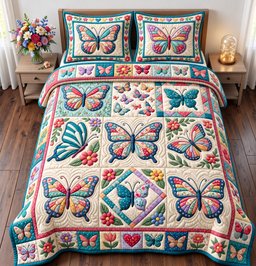Butterfly Patchwork 3 Piece Quilted Bedding Set Gift For Butterfly Lovers