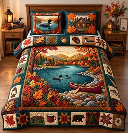 Autumn Lakeside 3 Piece Quilted Bedding Set Gift For Hunters