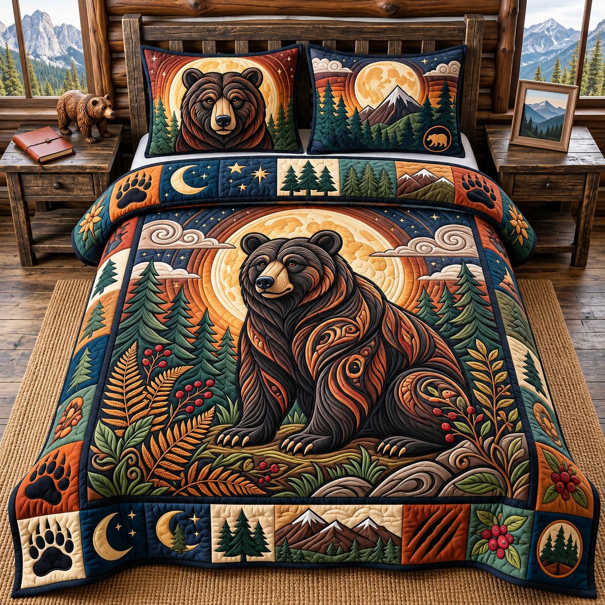 Moonlit Bear 3 Piece Quilted Bedding Set Gift For Bear Lovers