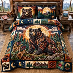 Moonlit Bear 3 Piece Quilted Bedding Set Gift For Bear Lovers