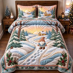 Snowy Gnome Journey 3 Piece Quilted Bedding Set Gift For Holiday Decor Lovers