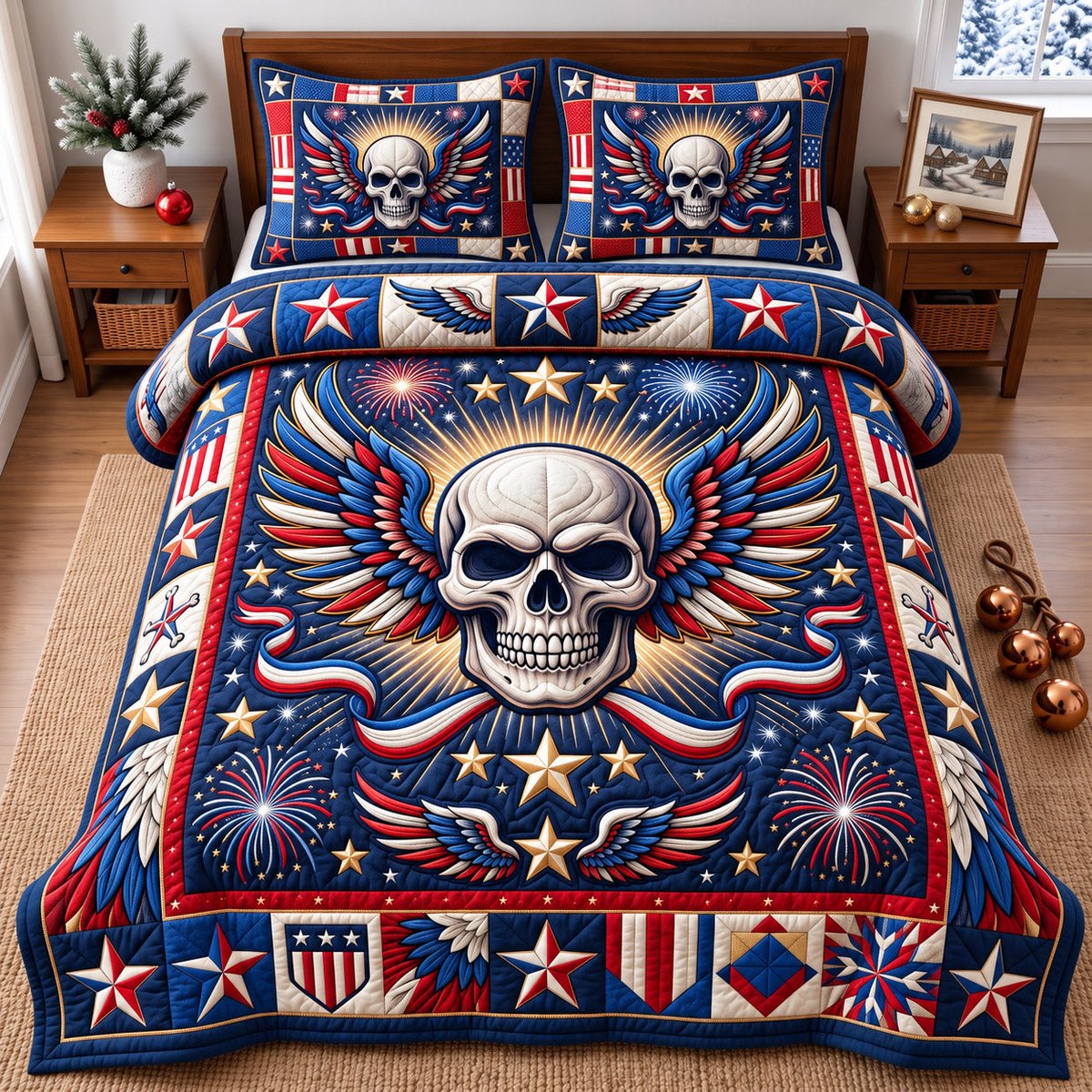 Patriotic Skull 3 Piece Quilted Bedding Set Gift For Gothic Decor Lovers