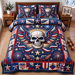 Patriotic Skull 3 Piece Quilted Bedding Set Gift For Gothic Decor Lovers
