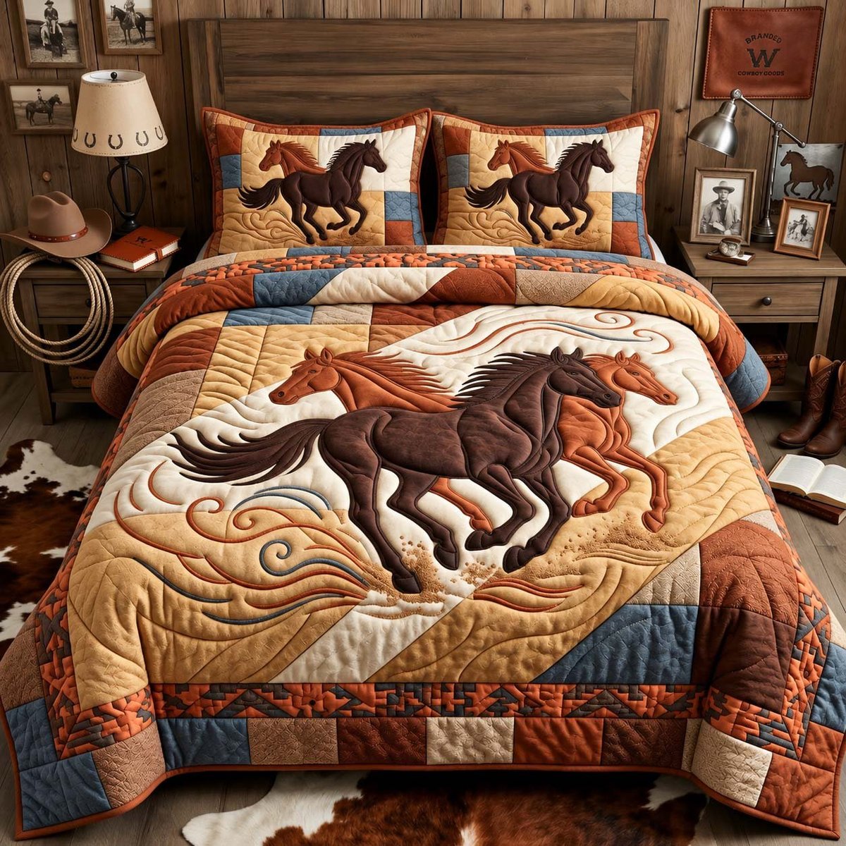Running Horses Western 3 Piece Quilted Bedding Set Gift For Horse Lovers