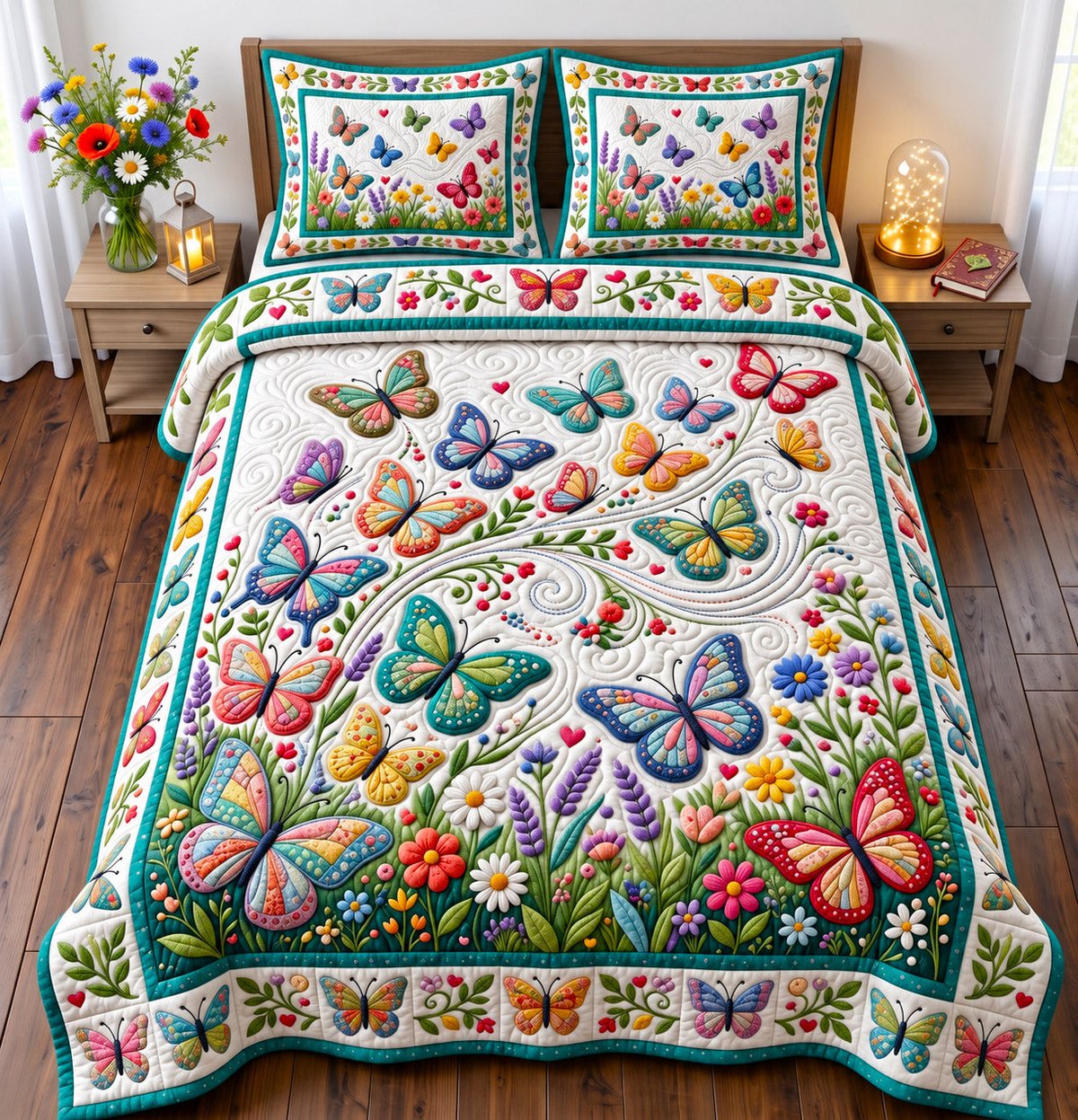 Butterfly Patchwork 3 Piece Quilted Bedding Set Gift For Butterfly Lovers