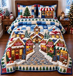Holiday Market Village 3 Piece Quilted Bedding Set Gift For Holiday Decor Lovers