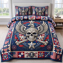 Patriotic Skull 3 Piece Quilted Bedding Set Gift For Gothic Decor Lovers