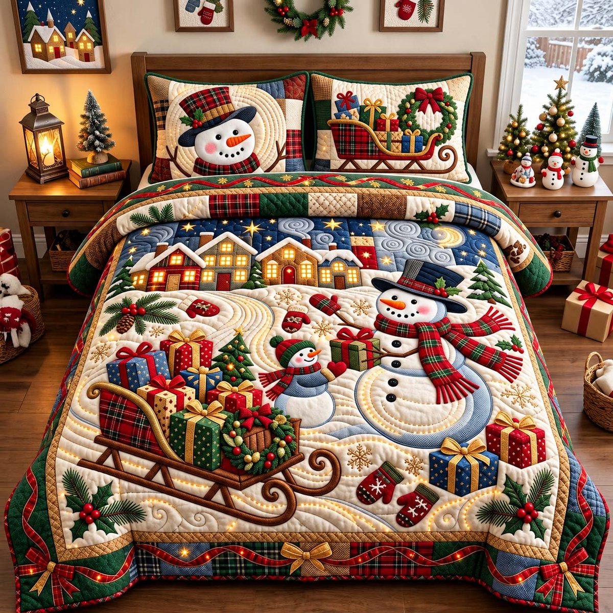Plaid Snowman Gifts 3 Piece Quilted Bedding Set Gift For Holiday Decor Lovers