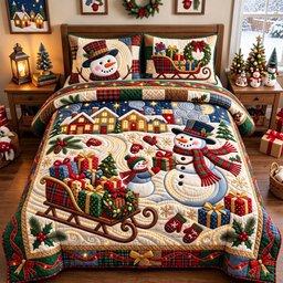 Plaid Snowman Gifts 3 Piece Quilted Bedding Set Gift For Holiday Decor Lovers