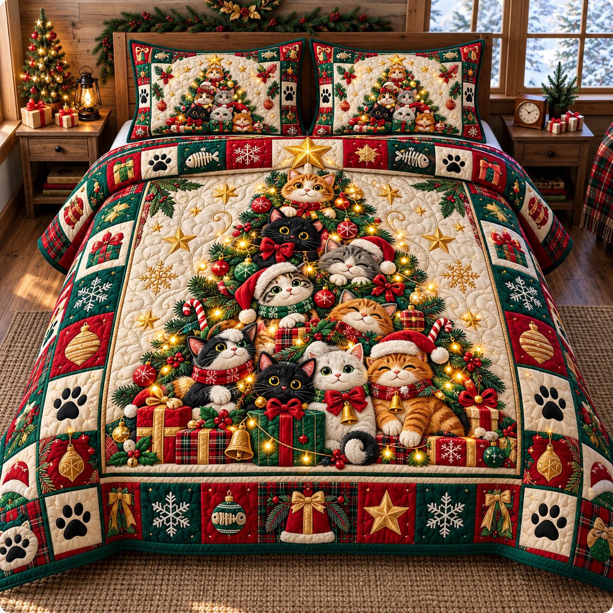 Festive Cat 3 Piece Quilted Bedding Set Christmas Gift For Cat Lovers