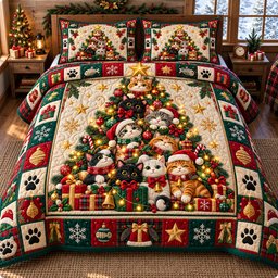Festive Cat 3 Piece Quilted Bedding Set Christmas Gift For Cat Lovers