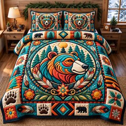 Native Bear 3 Piece Quilted Bedding Set Gift For Bear Lovers