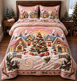 Blush Winter Village 3 Piece Quilted Bedding Set Gift For Holiday Decor Lovers