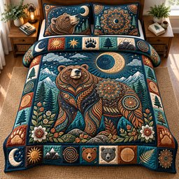 Moonlit Bear 3 Piece Quilted Bedding Set Gift For Bear Lovers