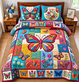 Colorful Butterfly 3 Piece Quilted Bedding Set Gift For Butterfly Lovers