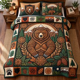 Mountain Bear 3 Piece Quilted Bedding Set Gift For Bear Lovers