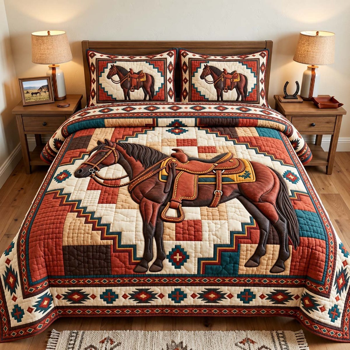 Southwestern Saddle Horse 3 Piece Quilted Bedding Set Gift For Horse Lovers