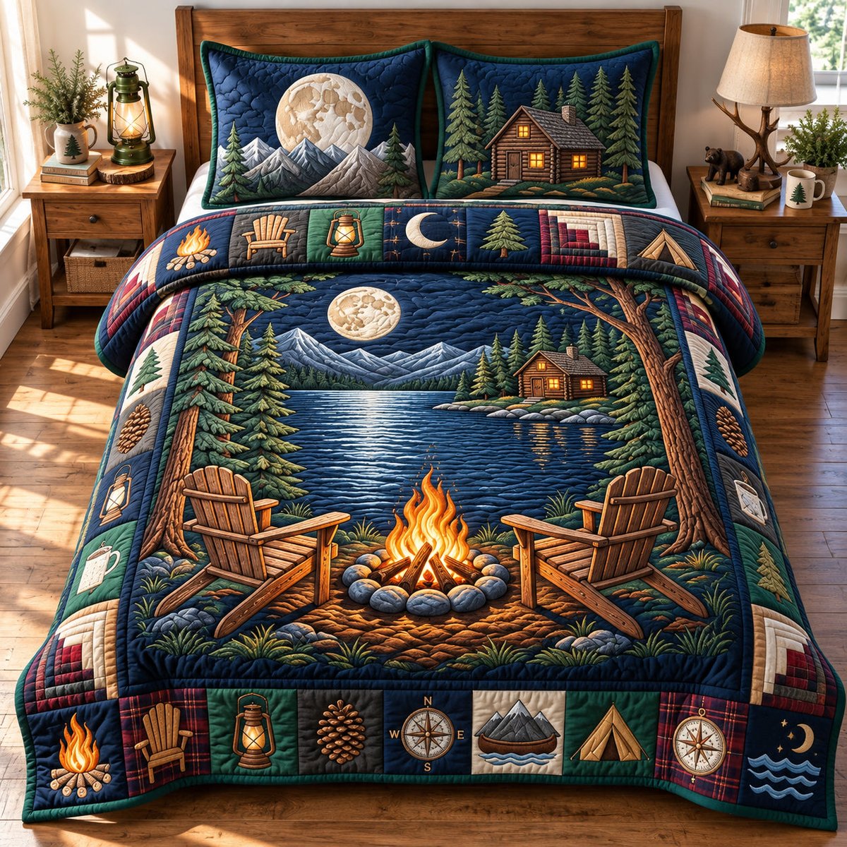 Midnight Lake 3 Piece Quilted Bedding Set Gift For Nature Lovers