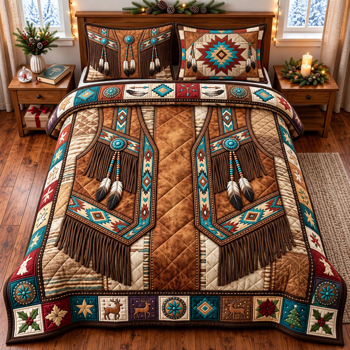 Turquoise Feather 3 Piece Quilted Bedding Set Gift For Home Decor Lovers