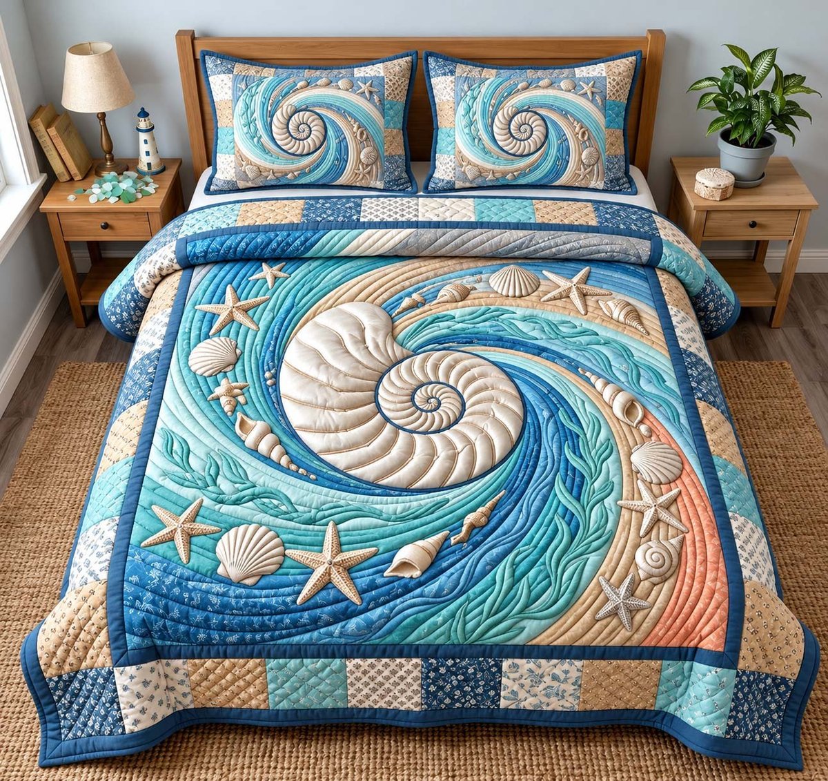 Nautilus Ocean Swirl Beach 3 Piece Quilted Bedding Set Gift For Beach Lovers