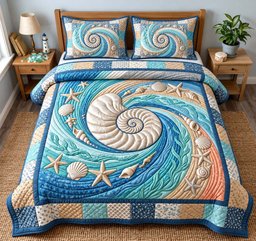 Nautilus Ocean Swirl Beach 3 Piece Quilted Bedding Set Gift For Beach Lovers