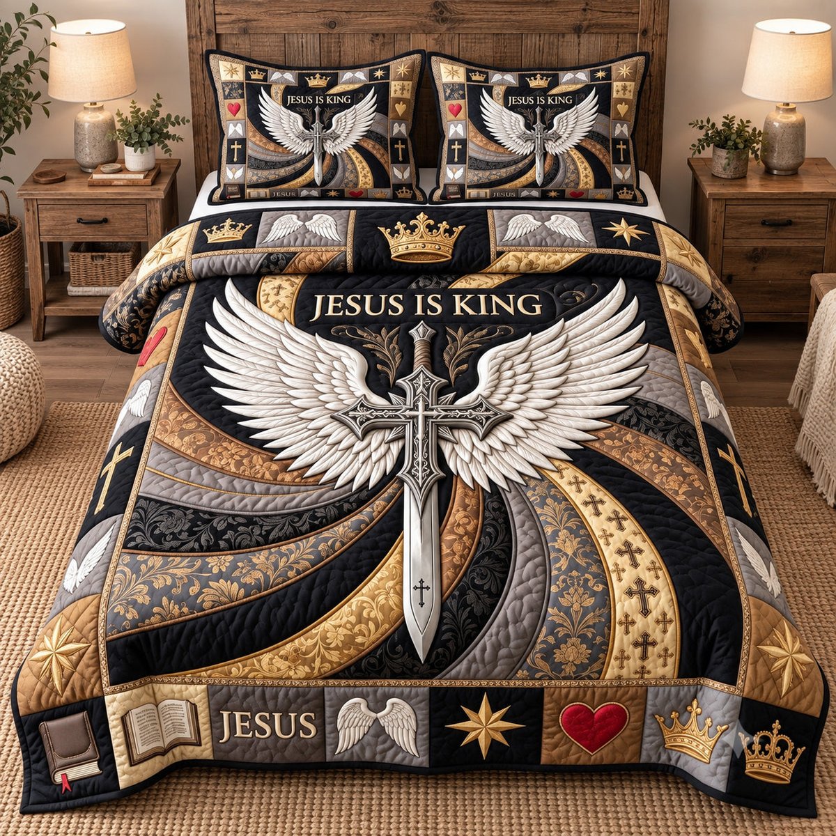 Jesus Is King 3 Piece Quilted Bedding Set Gift For Christians