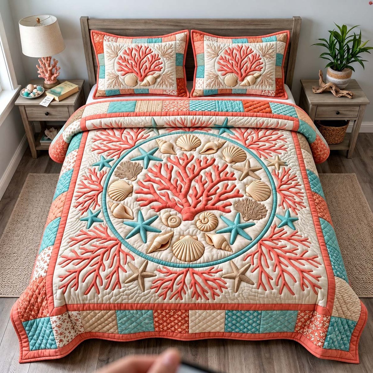 Coral Reef Garden Beach 3 Piece Quilted Bedding Set Gift For Flower Lovers