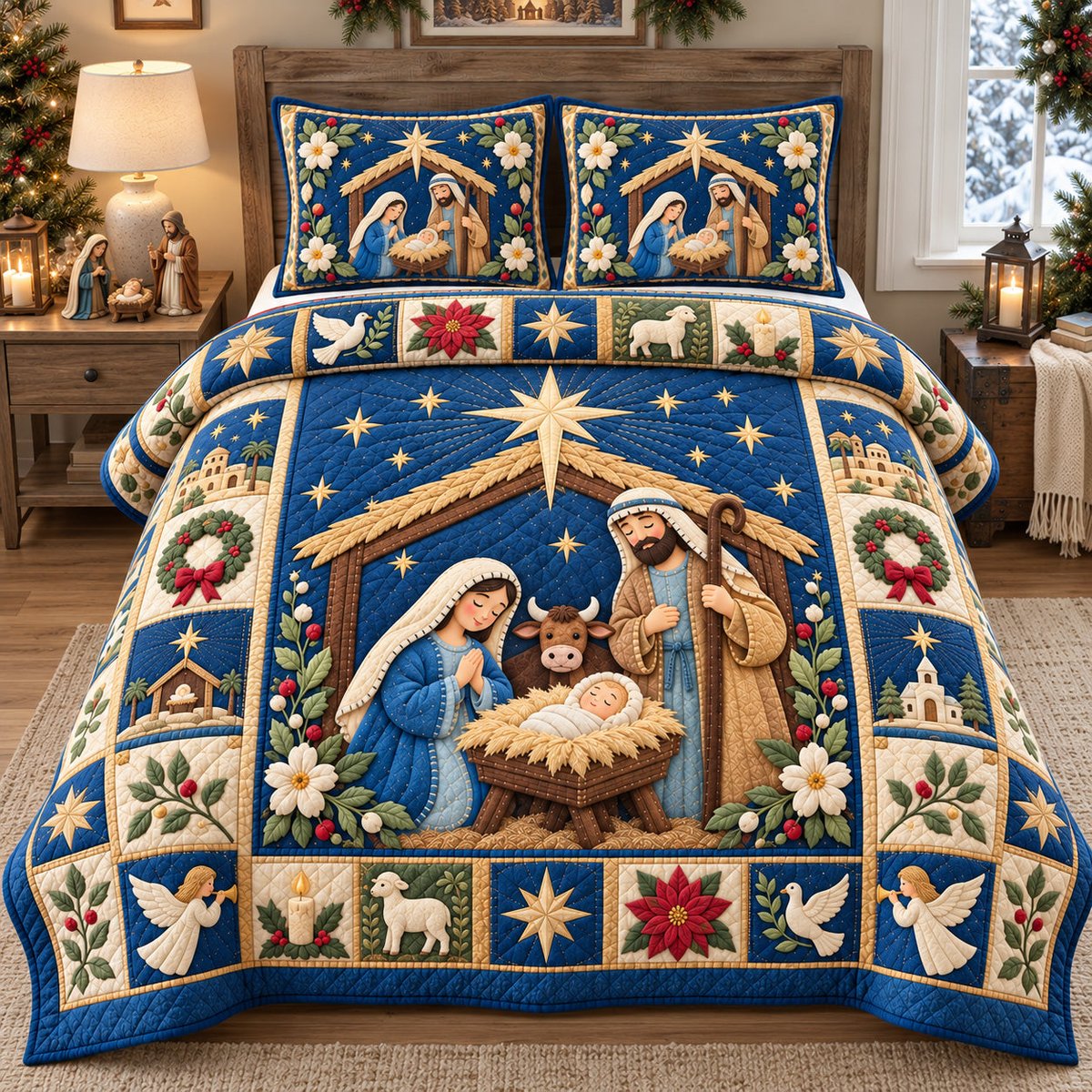 Starry Night Nativity 3 Piece Quilted Bedding Set Gift For Christians