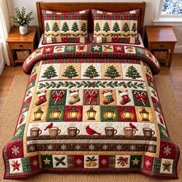 Tree Patchwork 3 Piece Quilted Bedding Set Gift For Holiday Decor Lovers