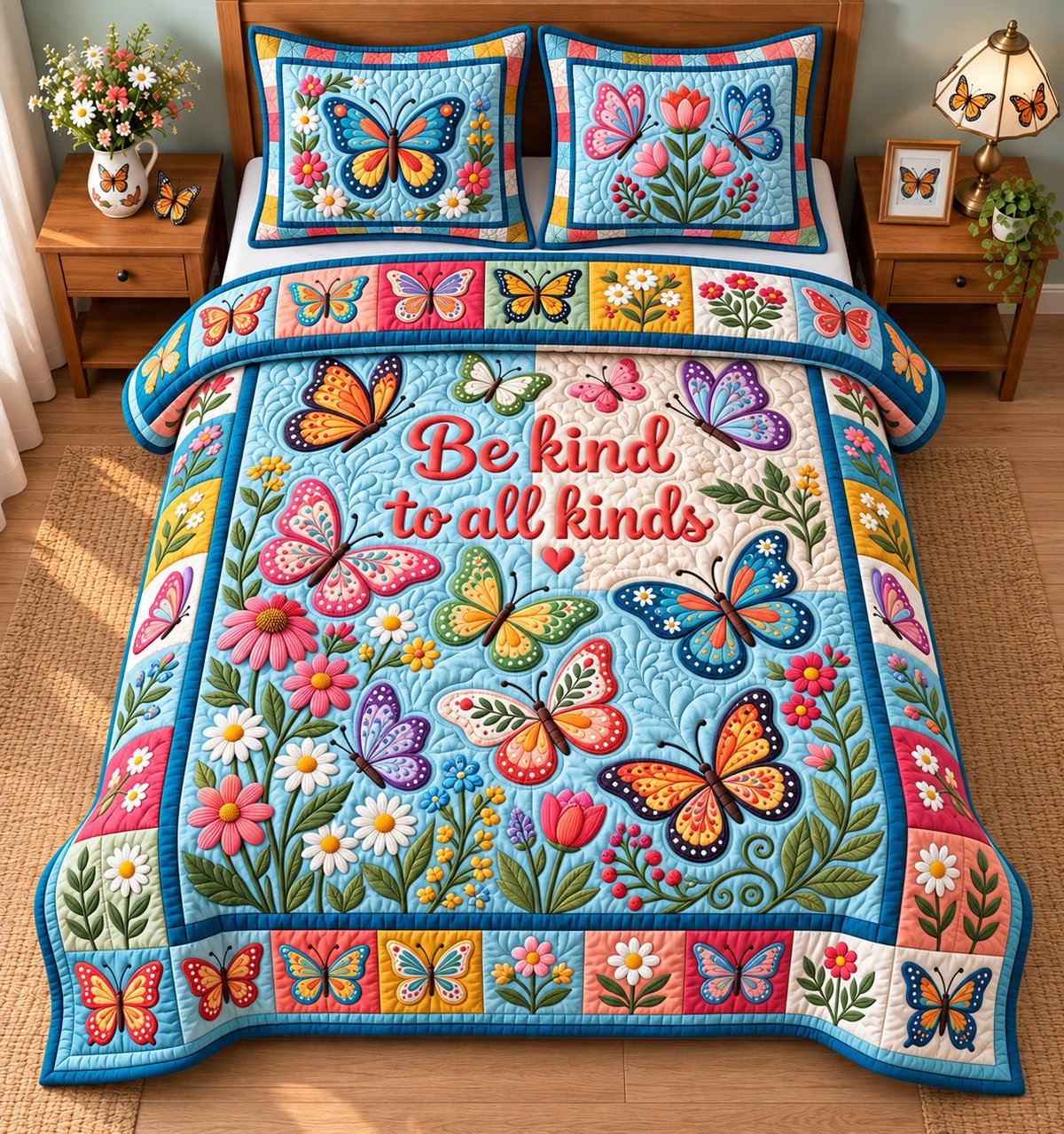 Be Kind to Alll Kinds 3 Piece Quilted Bedding Set Gift For Butterfly Lovers