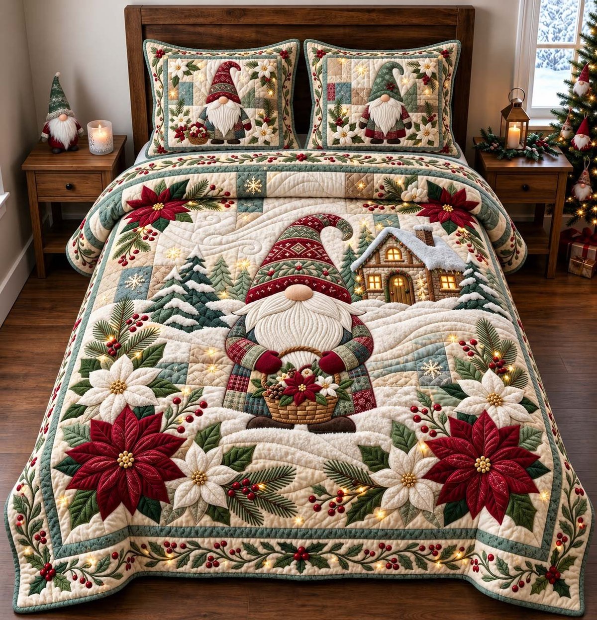 Poinsettia Gnome 3 Piece Quilted Bedding Set Christmas Gift For Holiday Decor Lovers