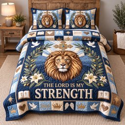 Lord My Strength Christian 3 Piece Quilted Bedding Set Gift For Lion Lovers