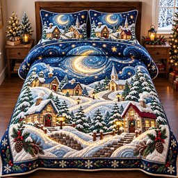 Starlit Village 3 Piece Quilted Bedding Set Christmas Gift For Holiday Decor Lovers