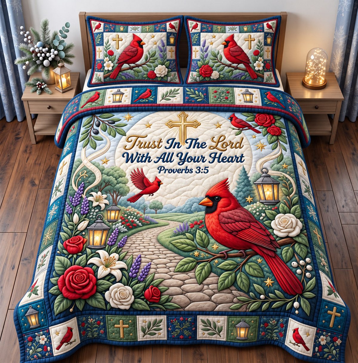 Cardinal Christian 3 Piece Quilted Bedding Set Gift For Bird Lovers