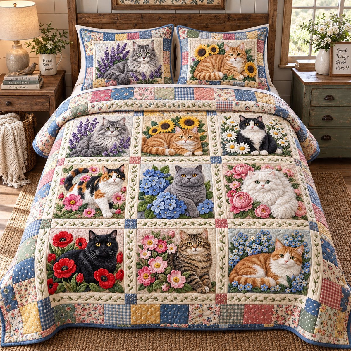 Patchwork Floral Cats 3 Piece Quilted Bedding Set Gift For Cat Lovers