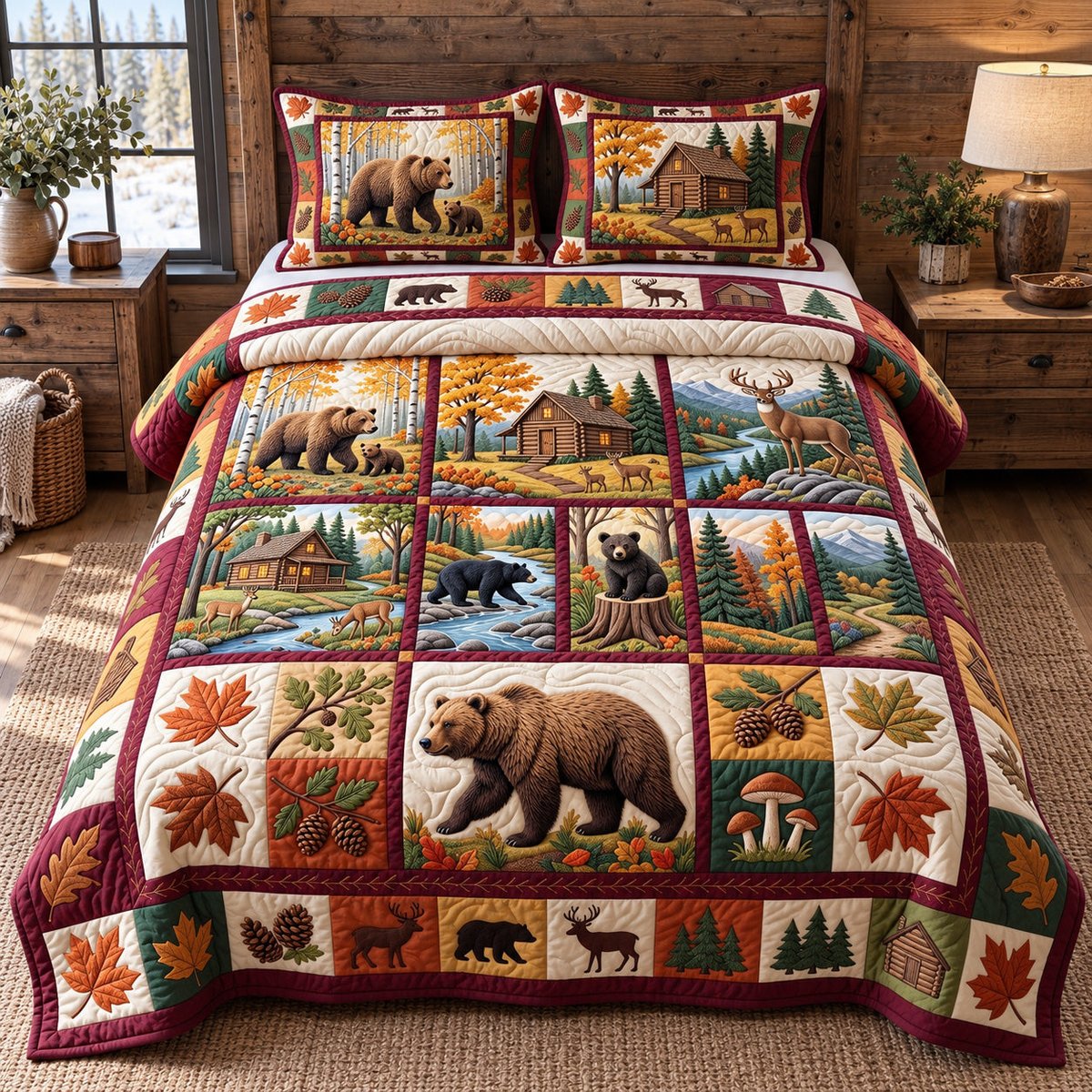 Autumn Forest Patchwork 3 Piece Quilted Bedding Set Gift For Nature Lovers
