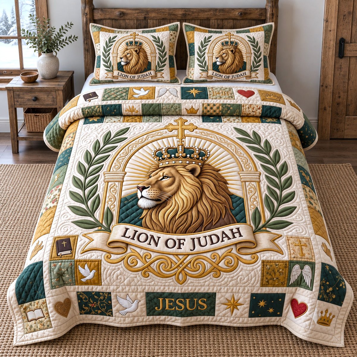 Lion of Judah Christian 3 Piece Quilted Bedding Set Gift For Lion Lovers