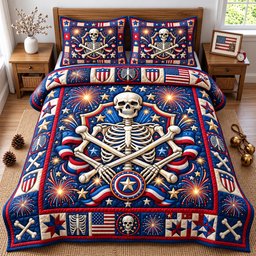 Patriotic Skull 3 Piece Quilted Bedding Set Gift For Gothic Decor Lovers