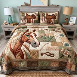 Western Horse and Saddle 3 Piece Quilted Bedding Set Gift For Horse Lovers