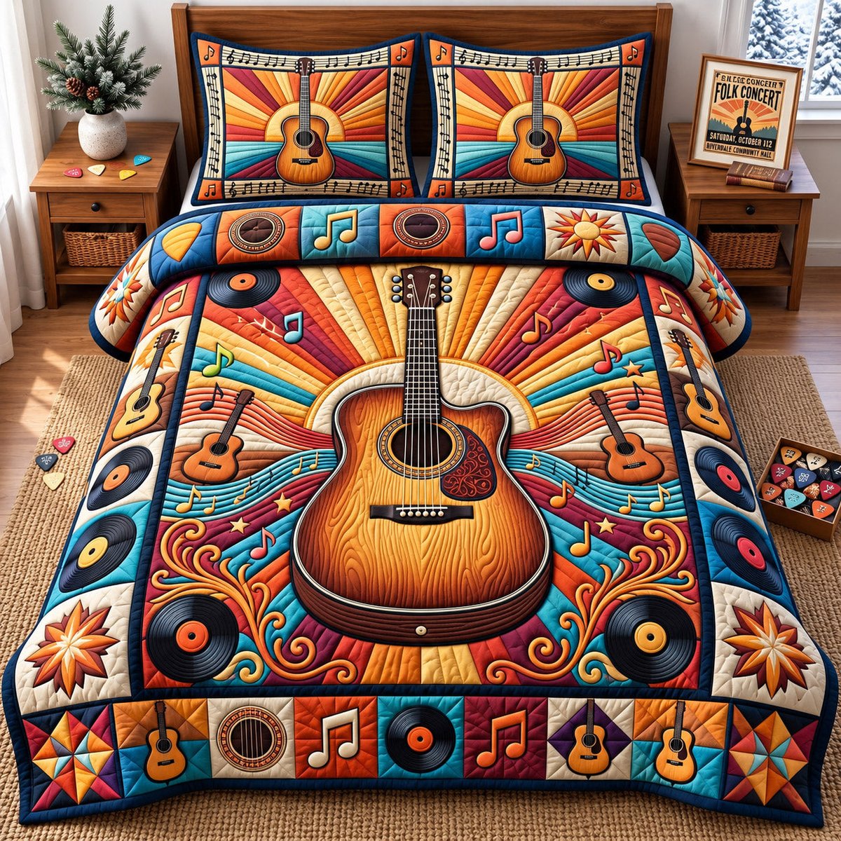 Guitar Lover 3 Piece Quilted Bedding Set Gift For Music Lovers