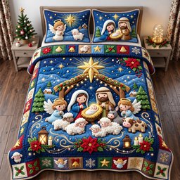 Heavenly Nativity 3 Piece Quilted Bedding Set Gift For Christians