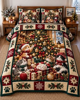 Festive Cat 3 Piece Quilted Bedding Set Christmas Gift For Cat Lovers