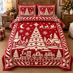 Merry Red 3 Piece Quilted Bedding Set Christmas Gift For Holiday Decor Lovers